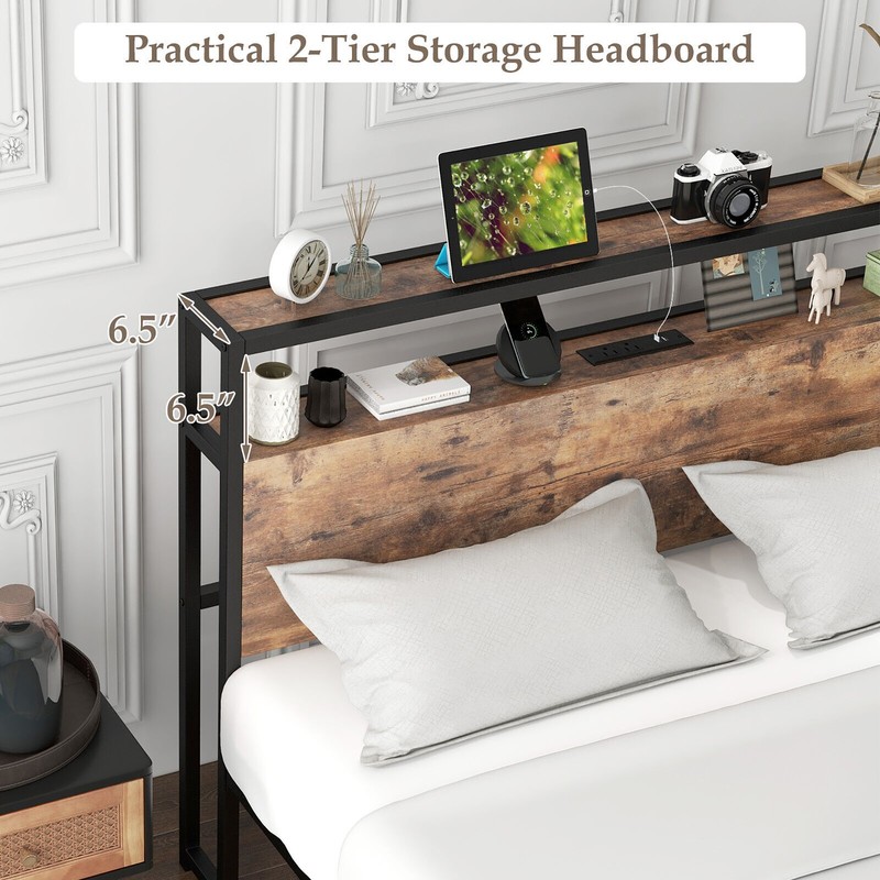 Queen Size Industrial Platform Bed Frame with Charging Station Storage Headboard gallery