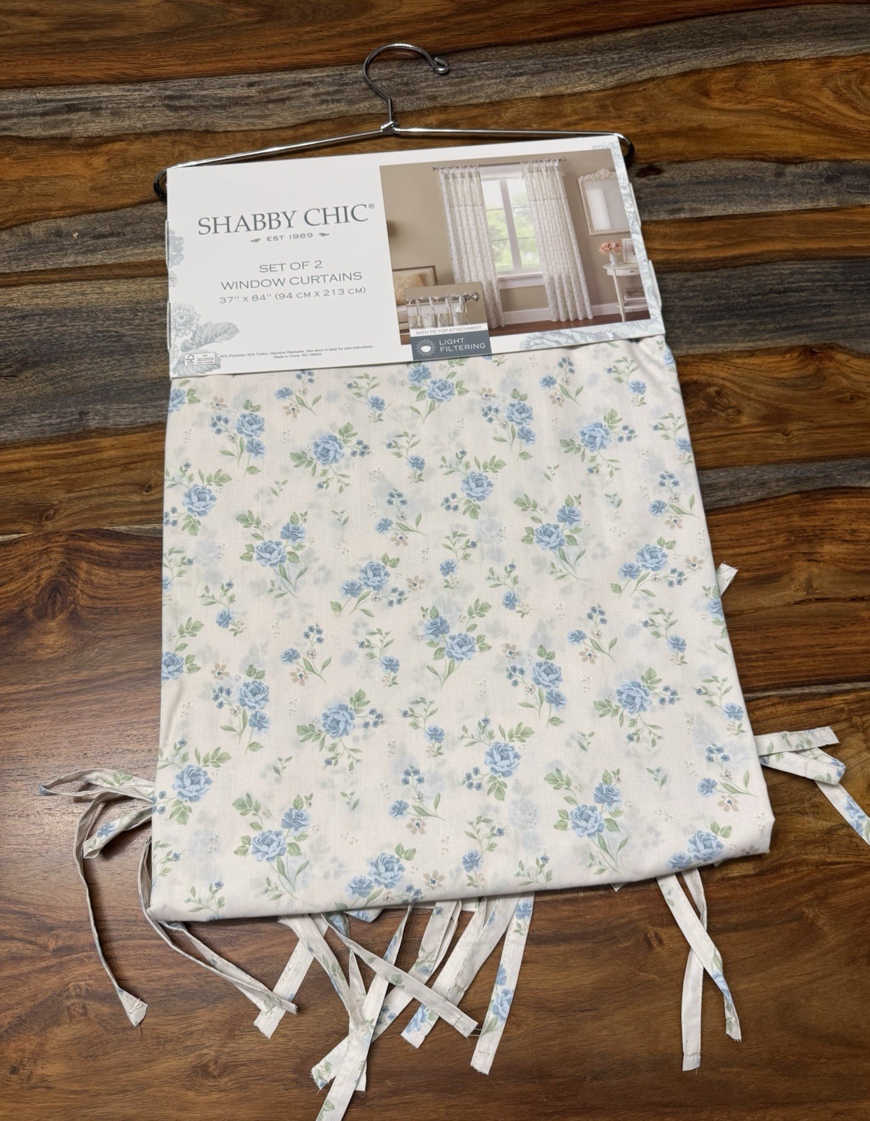 Shabby Chic Set Of 2 Floral Window Curtains Blue Rose Light Filtering 37”x84” gallery