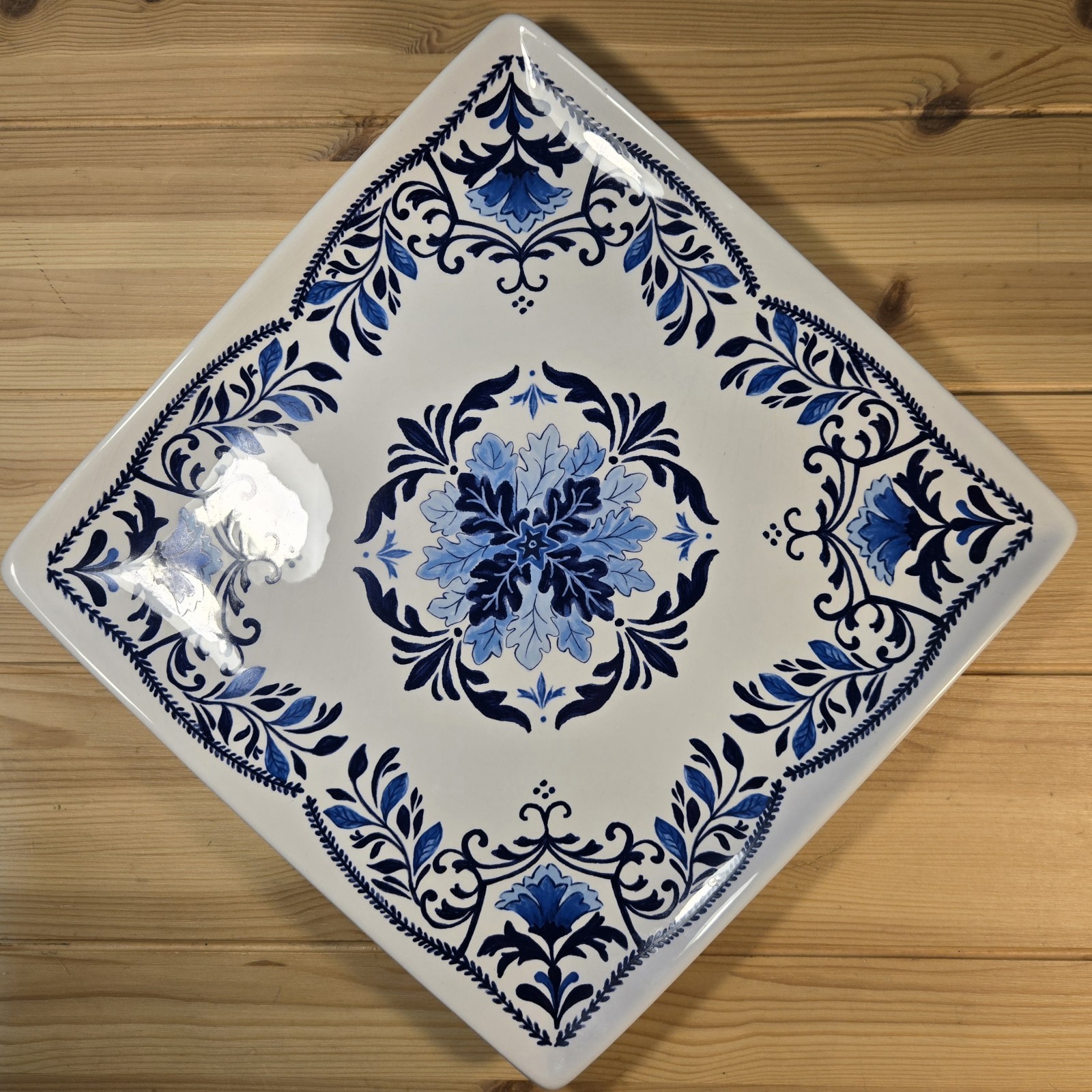 Cracker Barrel Blue & White Floral Ceramic Serving Platter Majolica Tile Style gallery