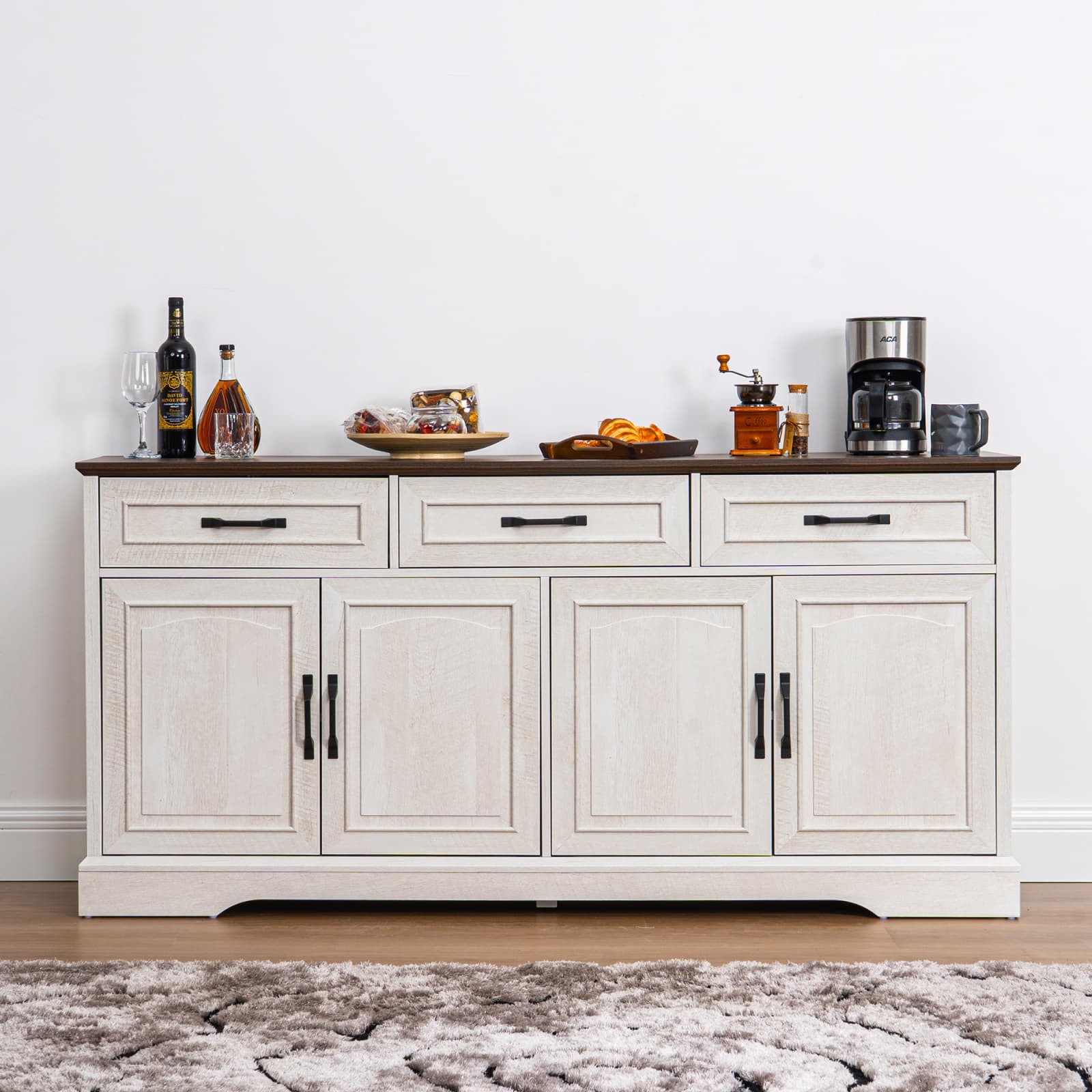 65" White /Gray Farmhouse Buffet Cabinet Sideboard w/Drawers & Doors for Kitchen gallery