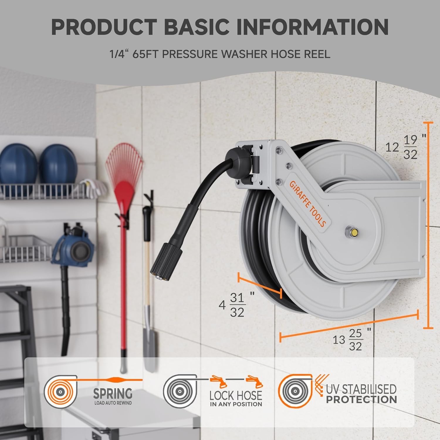 Giraffe Tools 3200PSI Pressure Washer Hose Reel 1/4" x 65 ft Retractable Hose gallery