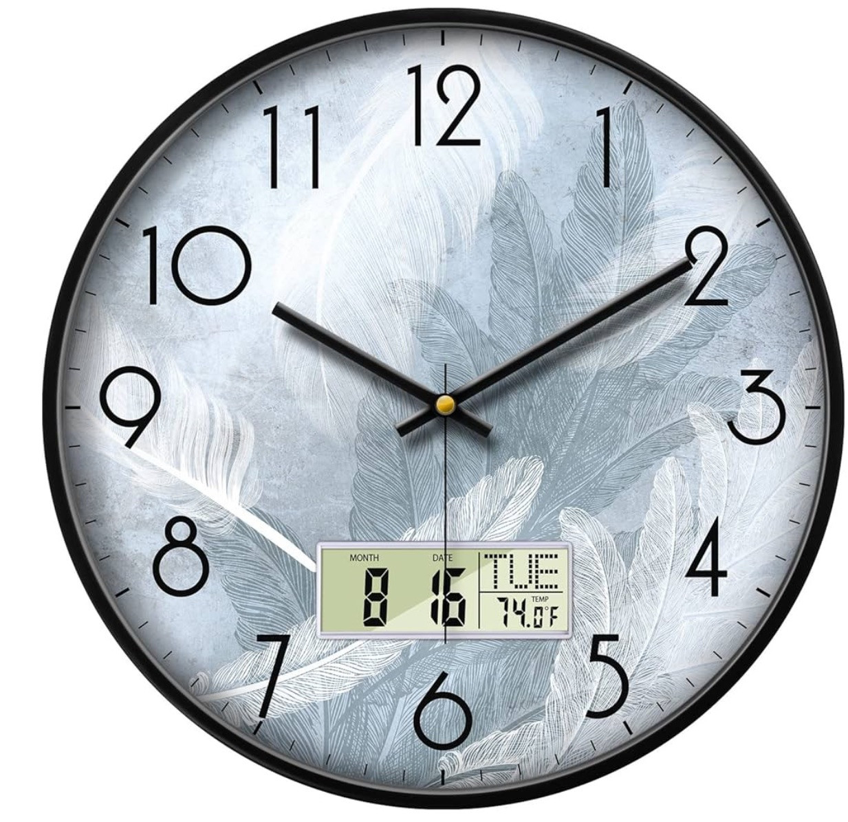SCOAGE Silent Wall Clock with Temperature Day and Date Blue Feathers gallery