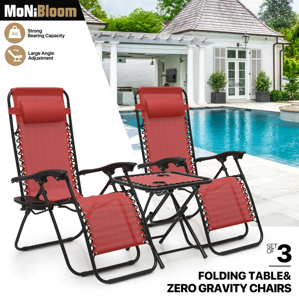 3 Pcs [ZERO GRAVITY CHAIR+PATIO TABLE SET] Foldable Recliner Beach Lounge Chaise