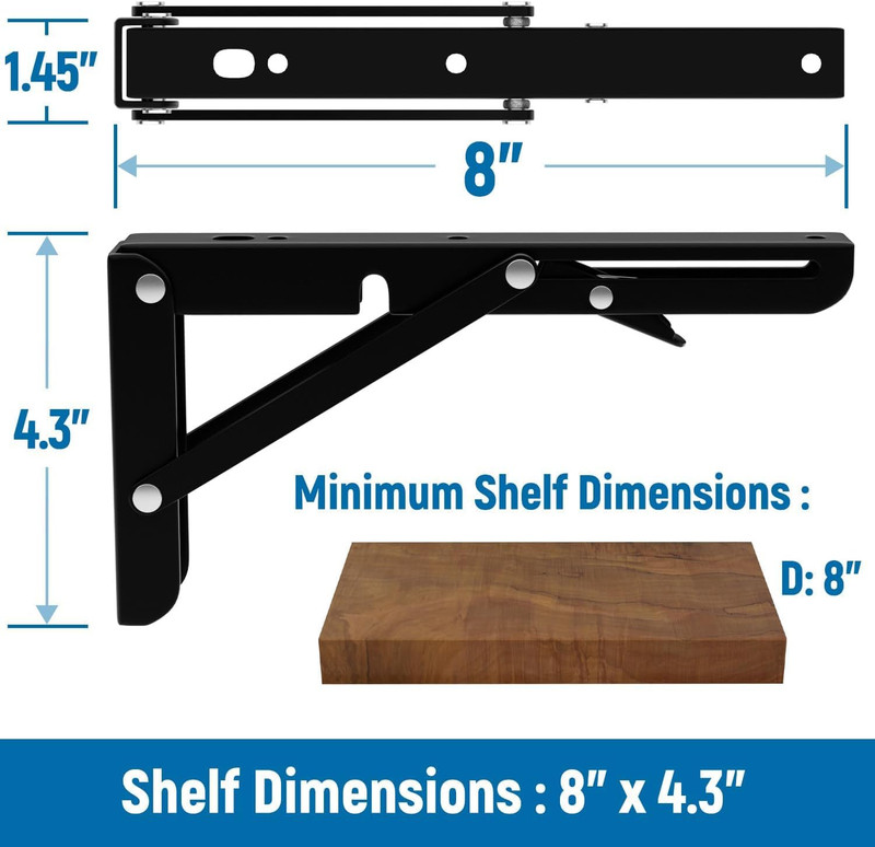 8 inch Folding Shelf Brackets-2 Pack Foldable Heavy Duty Triangle Collapsible Wa gallery