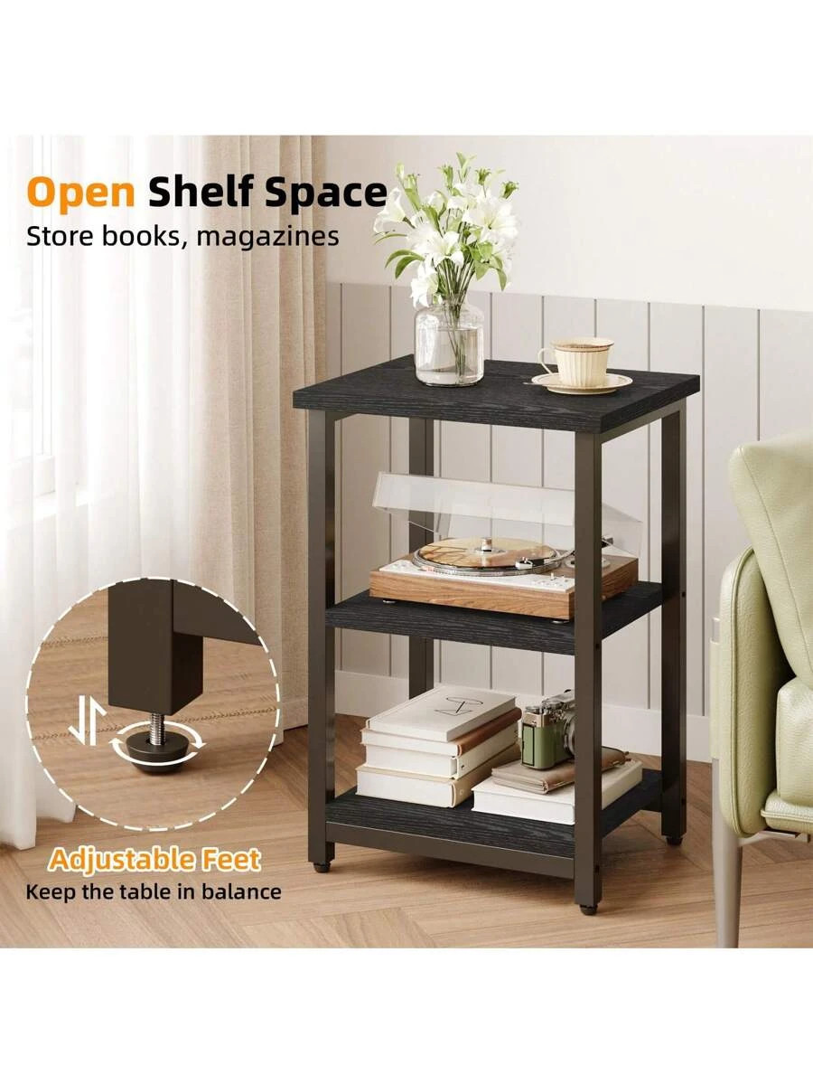 Modern 3-Tier Rectangular Side Table Black Wood Grain Living Room gallery