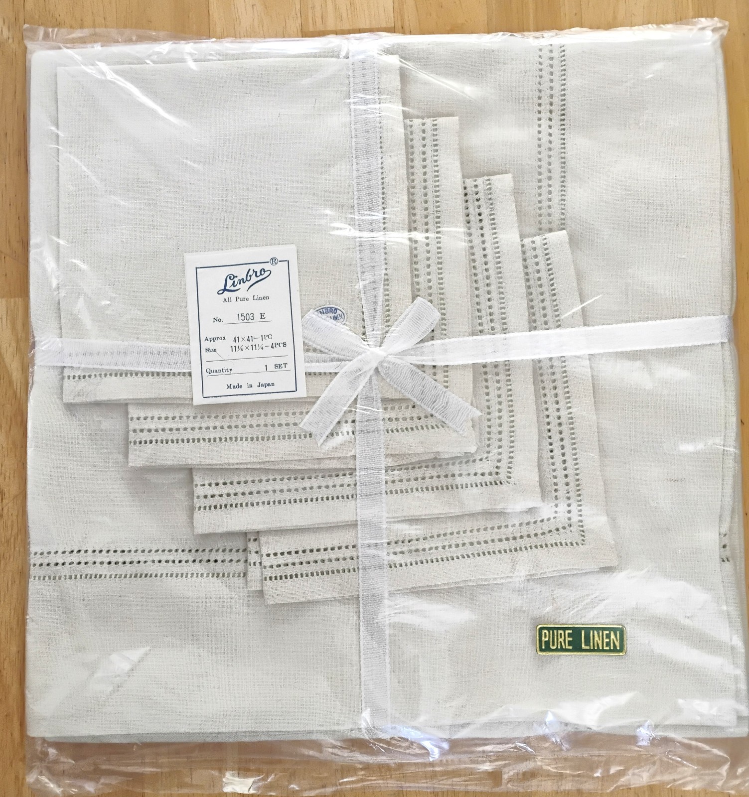 Linbro Pure Linen Tablecloth & 4 Napkins MCM Japan Triple Hemstitched New NOS gallery