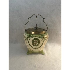 ANTIQUE Handle Crown Devon Green Biscuit Barrel SF&C Stoke On Trent FESTOON JAR