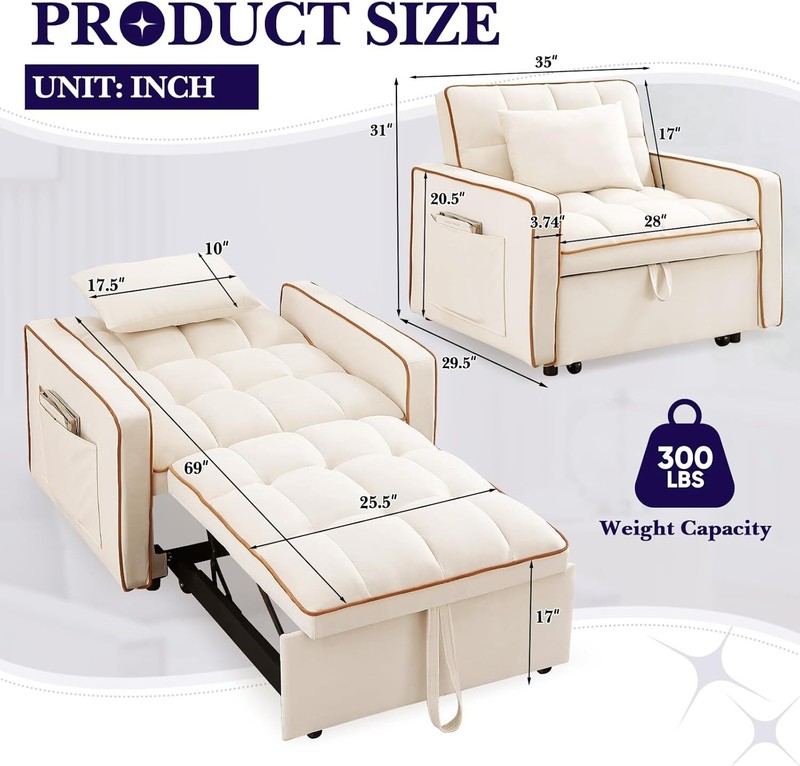 Convertible Single Sleeper Chair Bed 3in1 Modern Velvet Pull Out Tufted Sofa Bed gallery