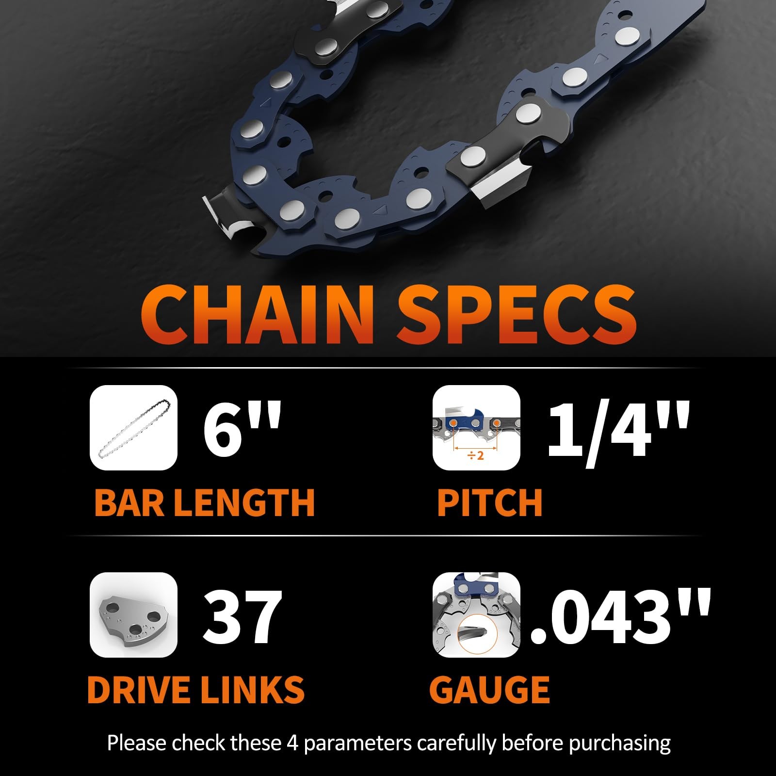 3Pcs 6 Inch Mini Chainsaw Chain, 1/4" LP Pitch .043" Gauge 37 Drive 6 inches gallery