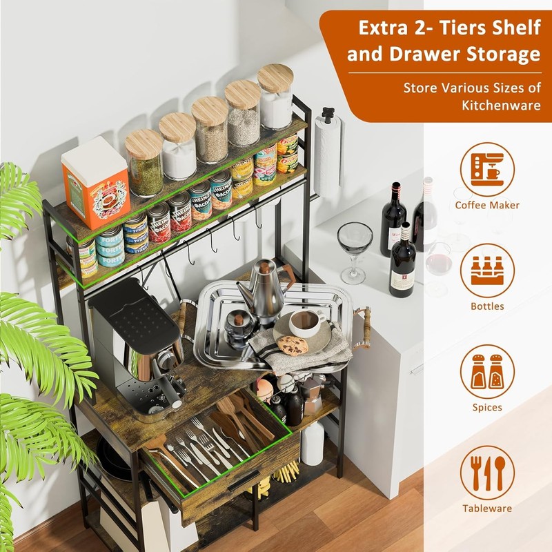 Kitchen Storage Shelf with Power Outlet, 6-Tier Adjustable with Drawer & Baskets gallery