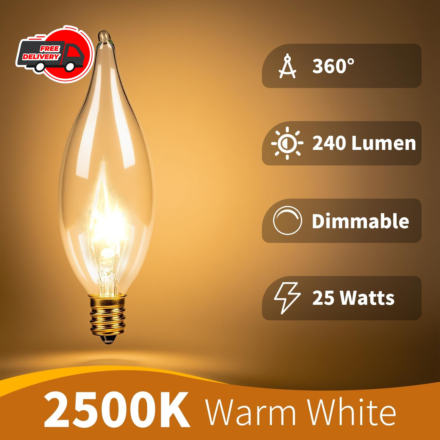 12-Pack E12 Candelabra Light Bulbs 25W, 2500K Warm White, 240 Lumen Dimmable Cha gallery