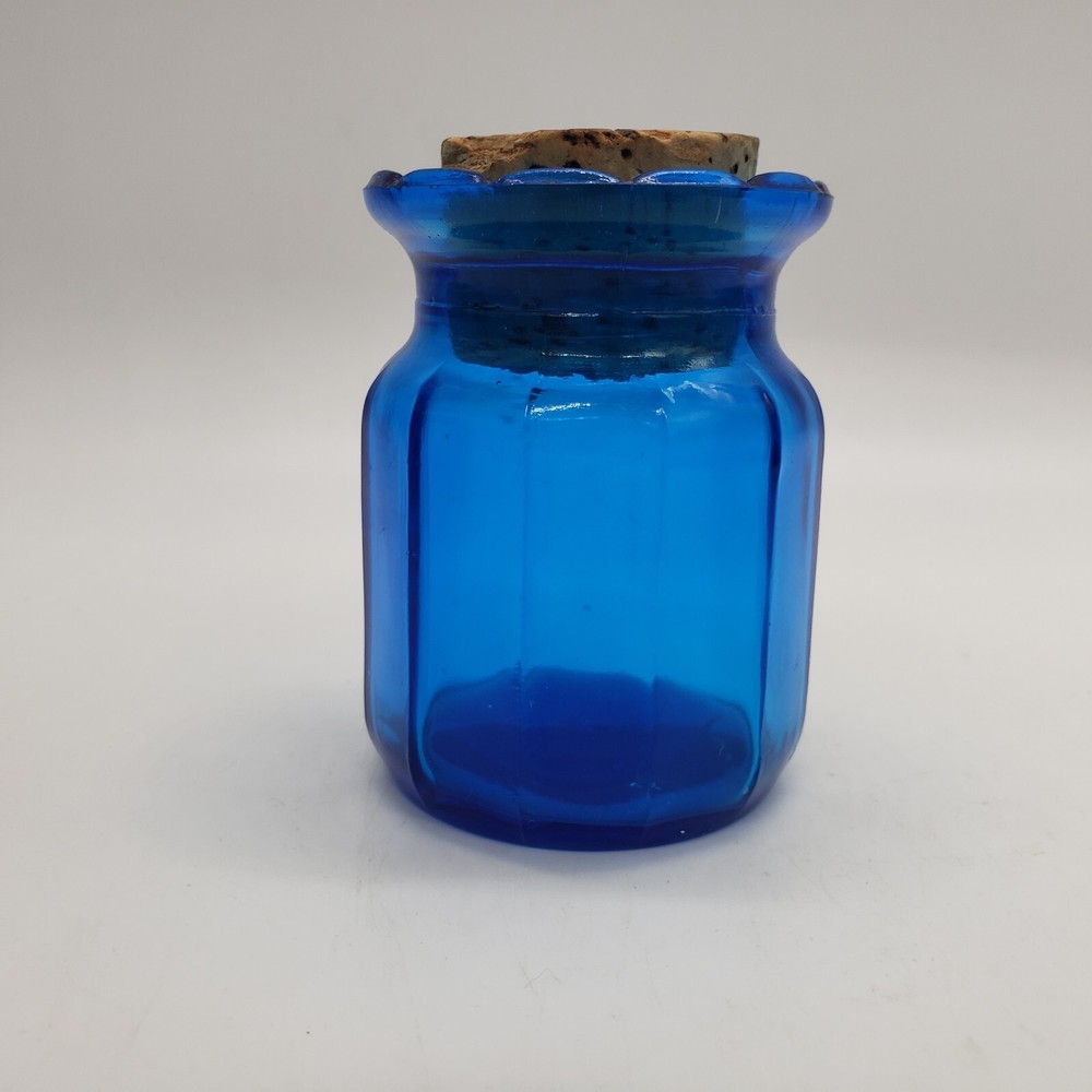 Dodecagon Corked Glass Bottle Jar Cobalt Blue Clear Glass 3.25" T
