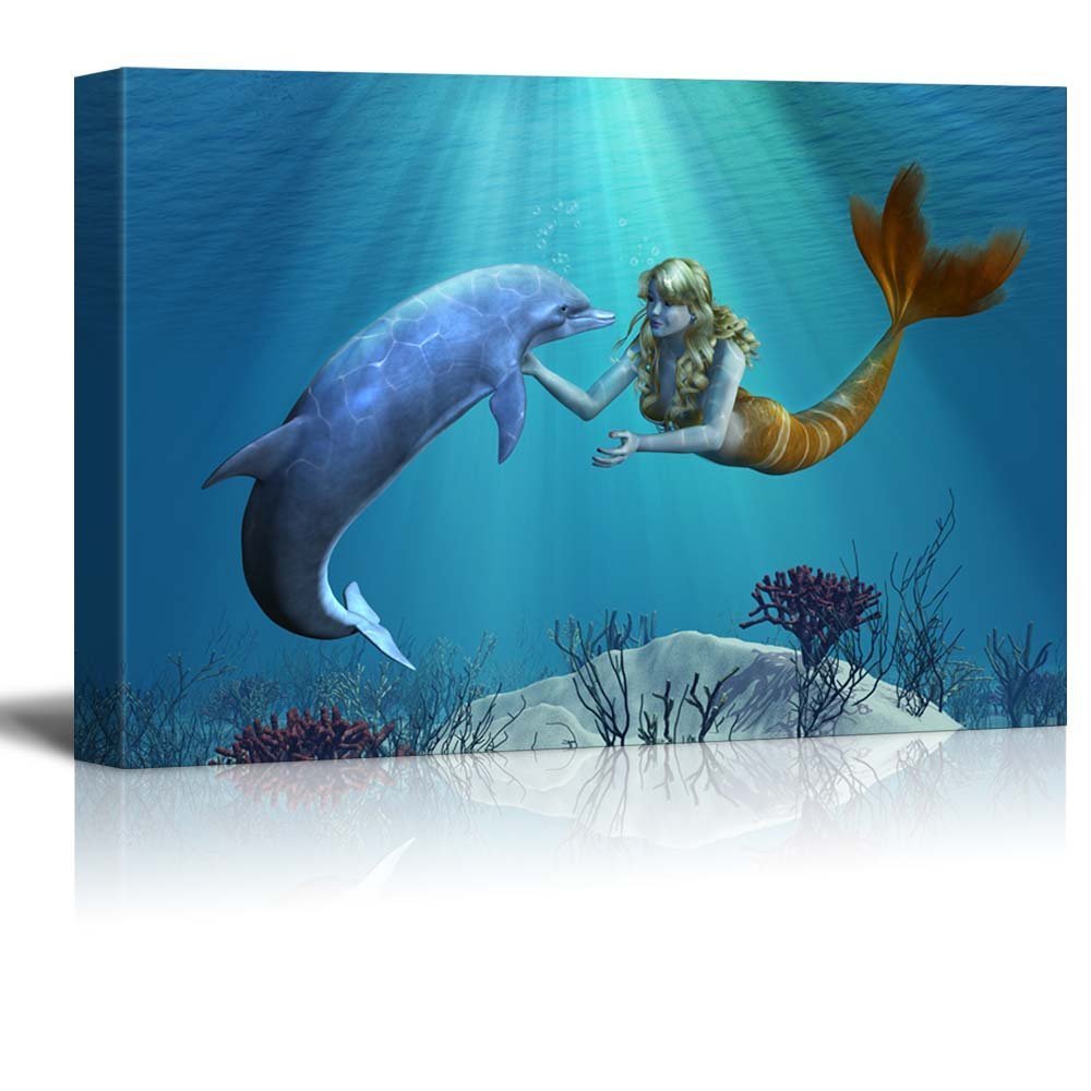 wall26 -Canvas Prints - A Friendly Dolphin Greets a Mermaid Undersea - 16" x 24" gallery