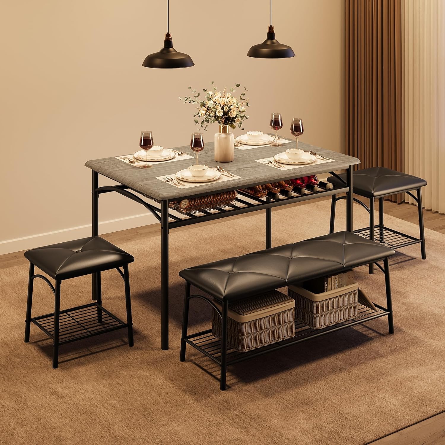 Dining Table with Bench and 2 Square Stools Storage Kitchen Table Set for 4 New gallery