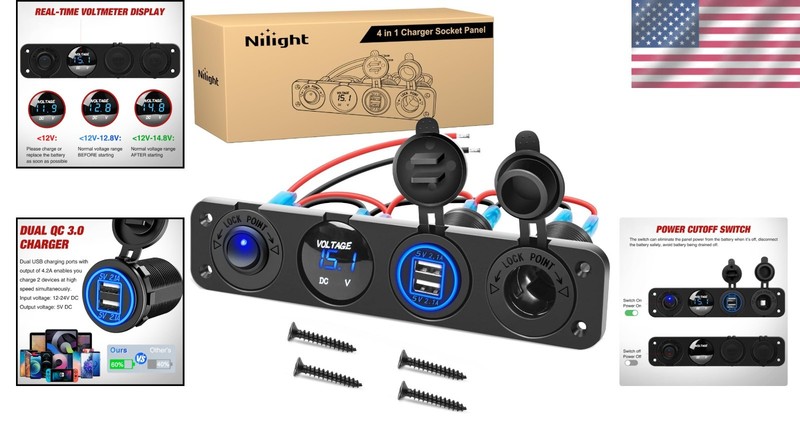 Versatile 4 in 1 Panel: USB, 12V Socket & LED Voltmeter - Safety & Convenience gallery