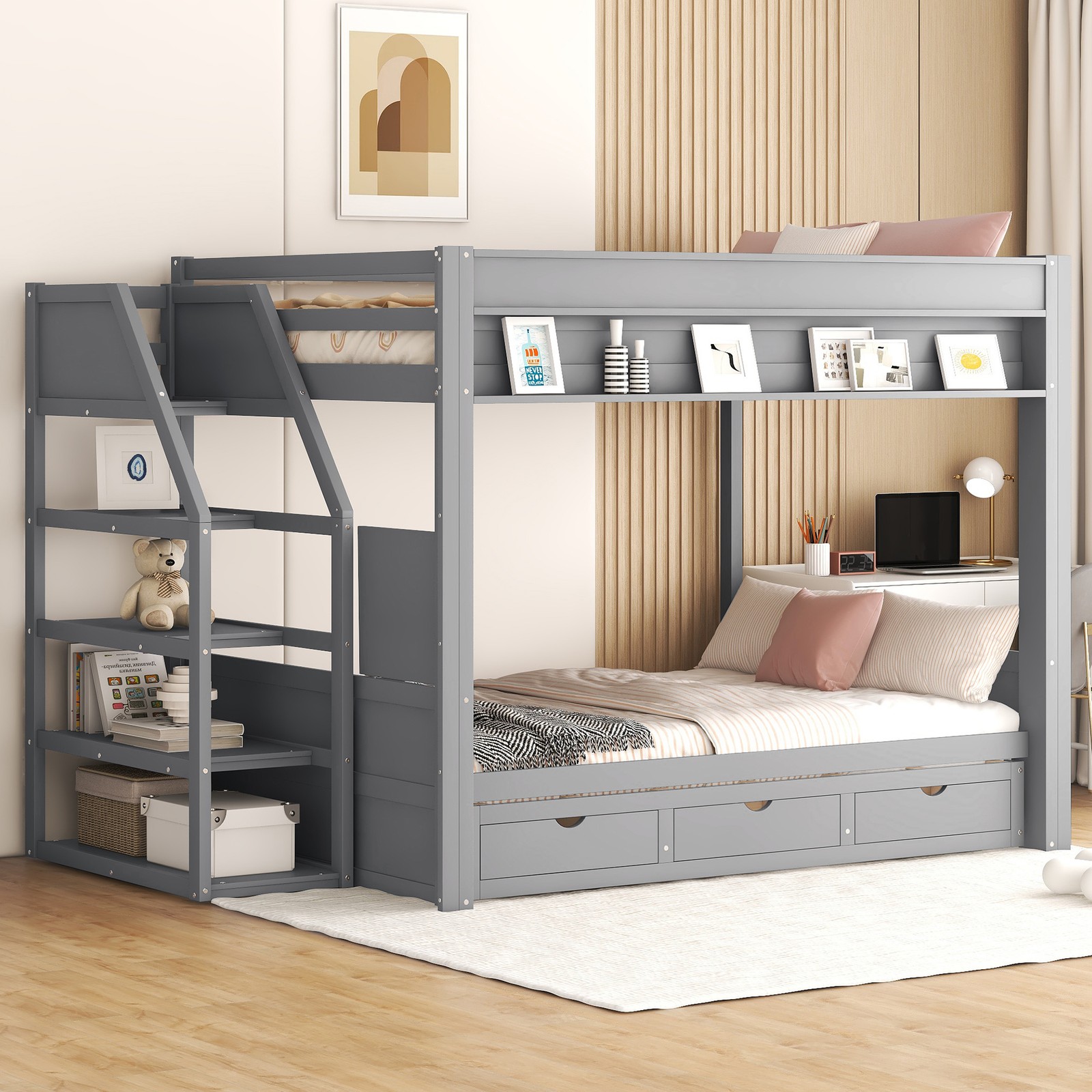 Full Size Bunk Bed with Convertible Storage Staircase, & Underbed Drawers, Gray gallery