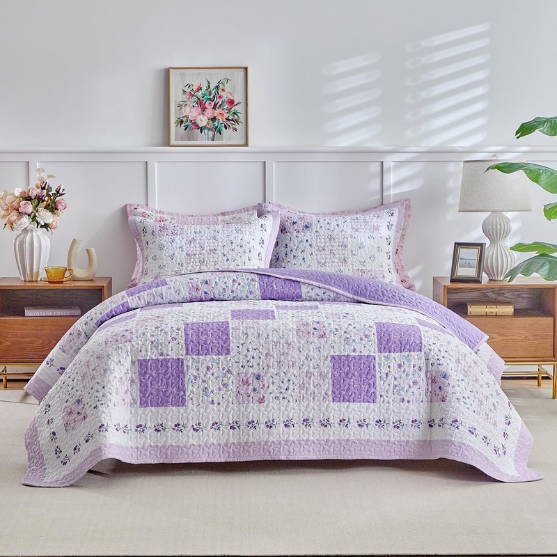 Patchwork Quilt Set California King Size,3 Pieces Purple White Pink Floral Pl... gallery