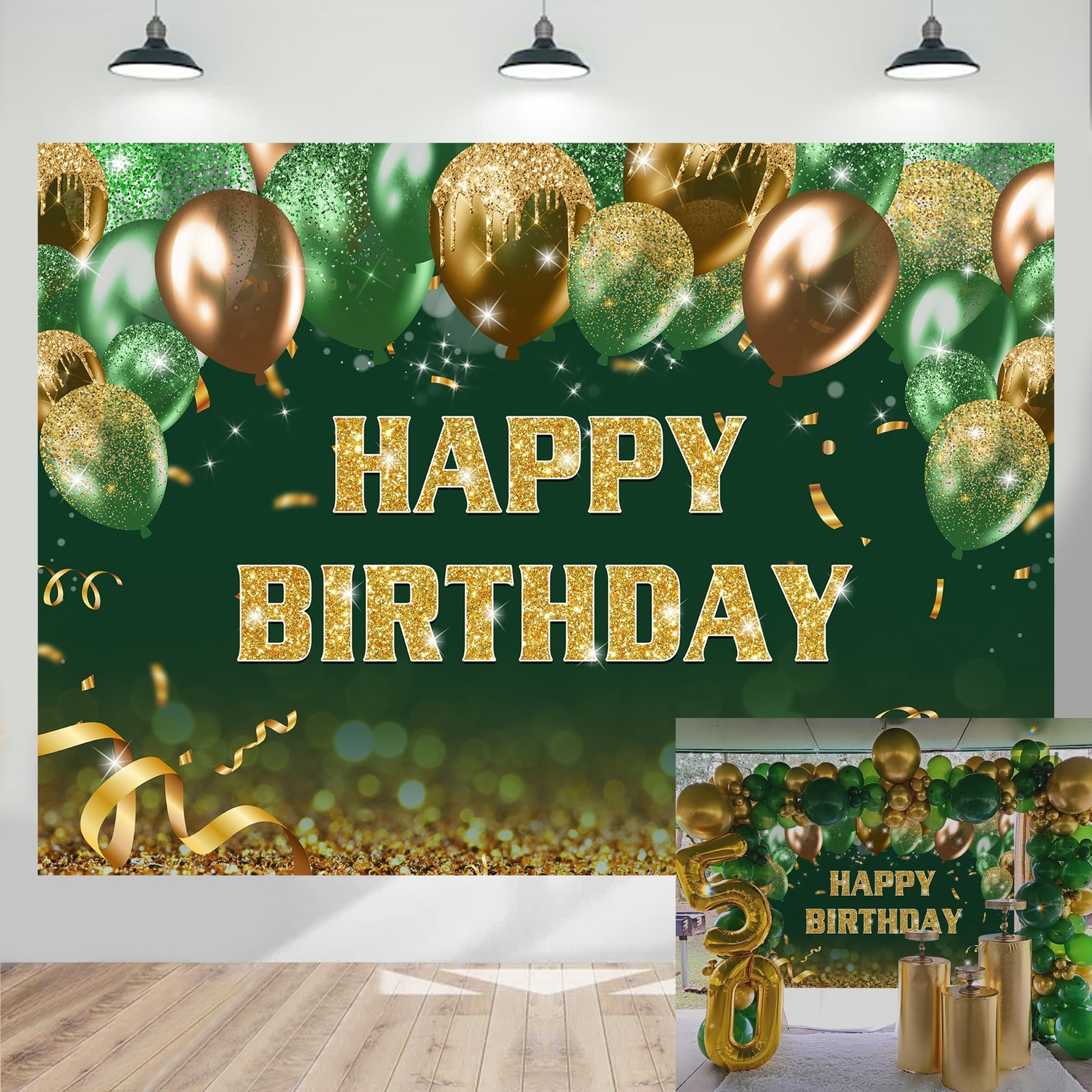 7x5ft Green Gold Birthday Backdrop Gold Green Glitter Bokeh Balloons Happy Birth gallery