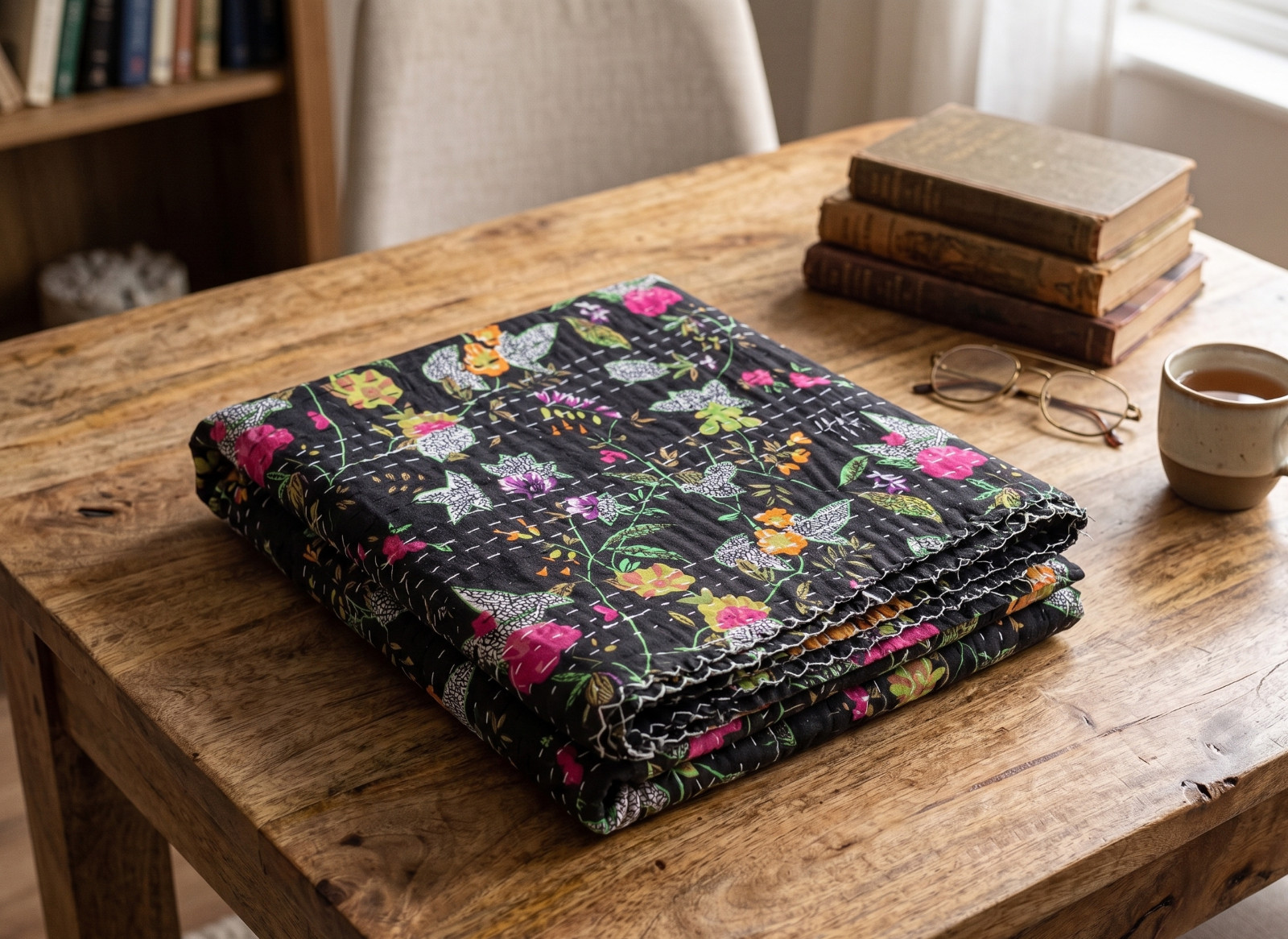 Indian Handmade Black Paradise Printed Cotton kantha Quilt Blanket Throw gallery