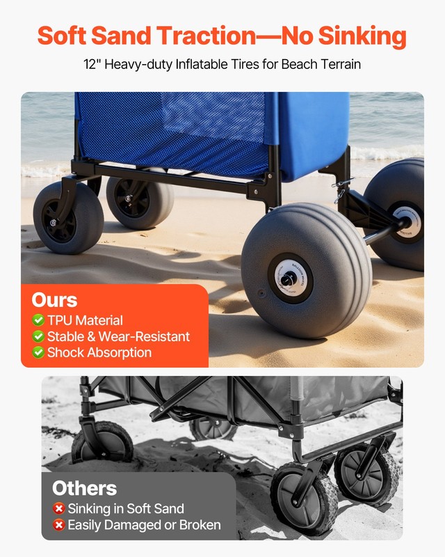 VEVOR Beach Cart Folding Beach Wagon Dolly with 12" Balloon Wheels for Sand gallery