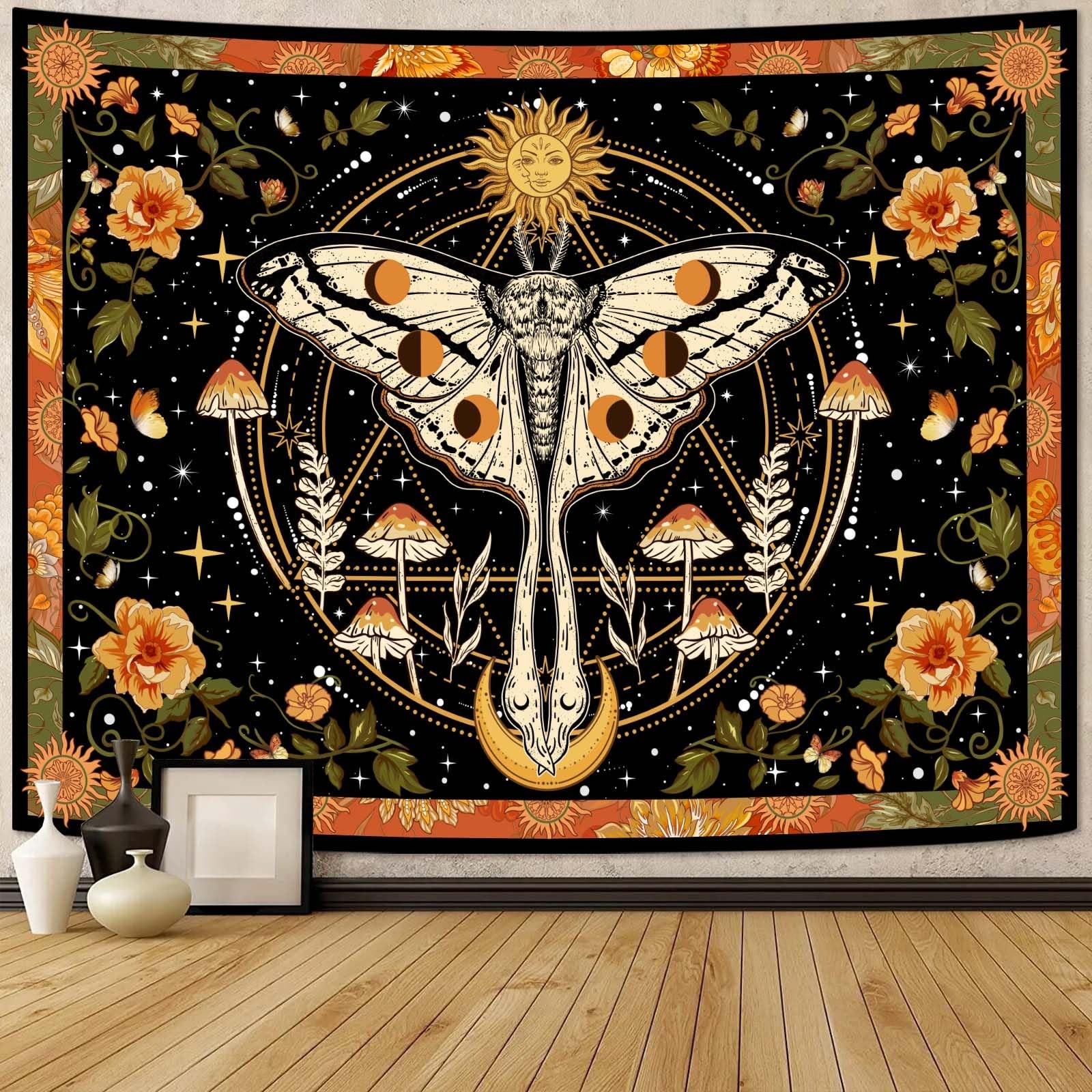 Orange Moth Tapestry Boho Retro Floral Flowers Tapestries Aesthetic Vintage Mush gallery