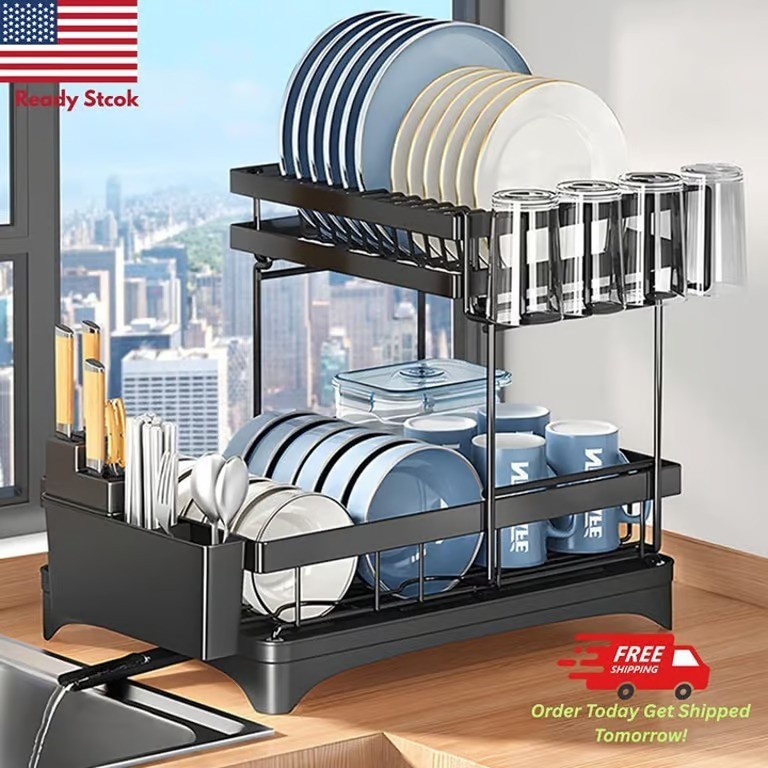 2 Level Over Sink Drying Rack Dish Drainer with Cutlery Holder Stainless Steel gallery