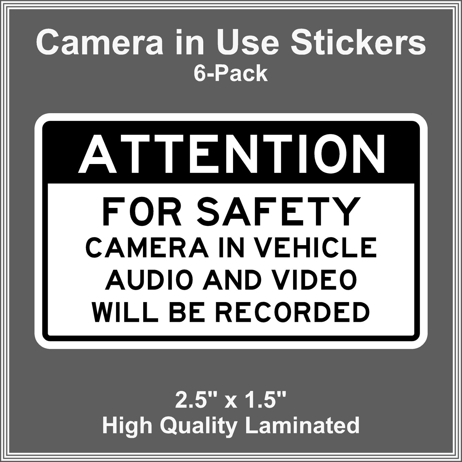 Camera in Car Recording Video 6-Pack Decals Black & White 2.5" x 1.5" for Uber gallery