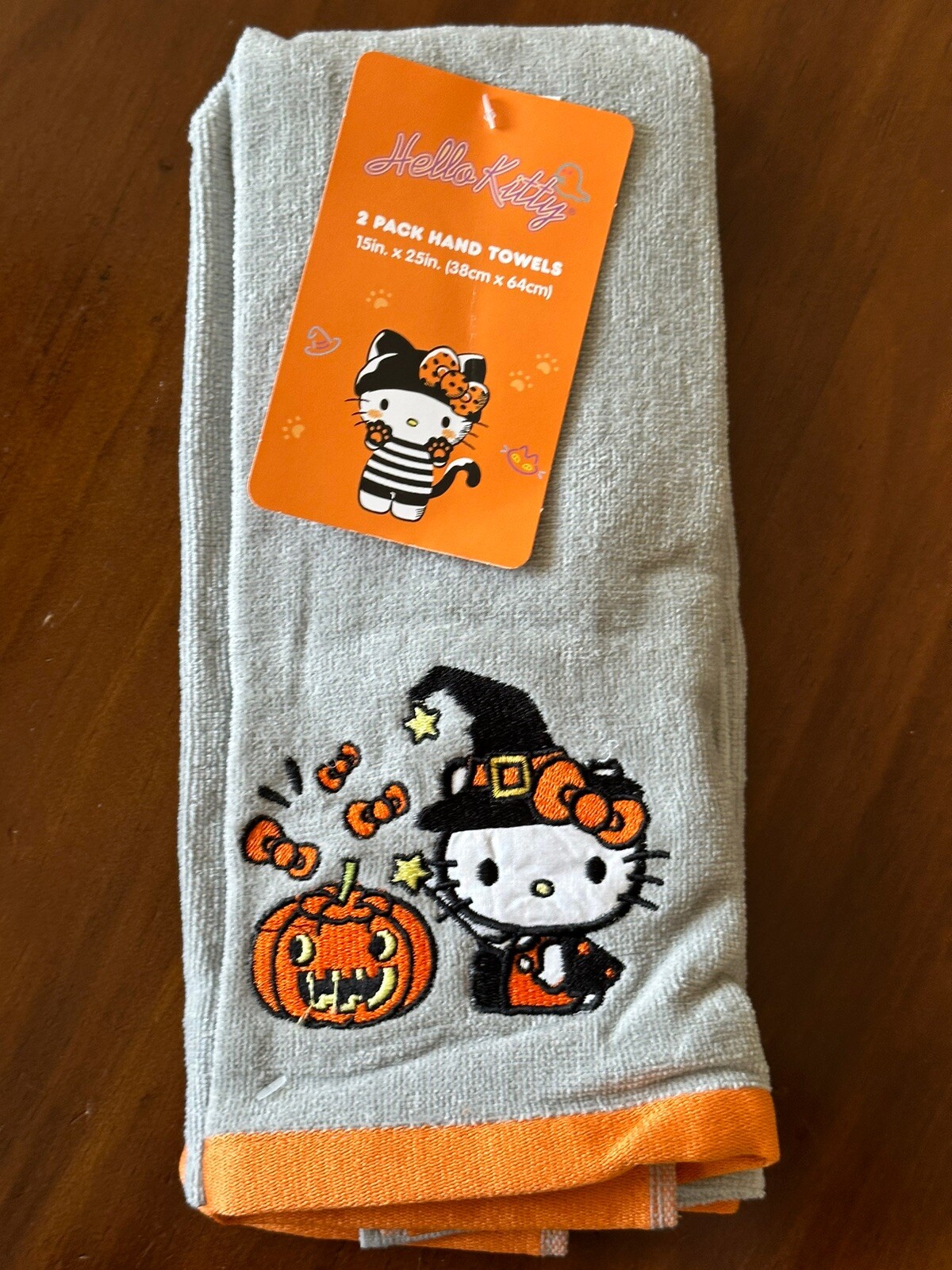 Hello Kitty 2 PACK Halloween Pumpkin Hand Towels Grey Orange Jack-o-Lantern gallery