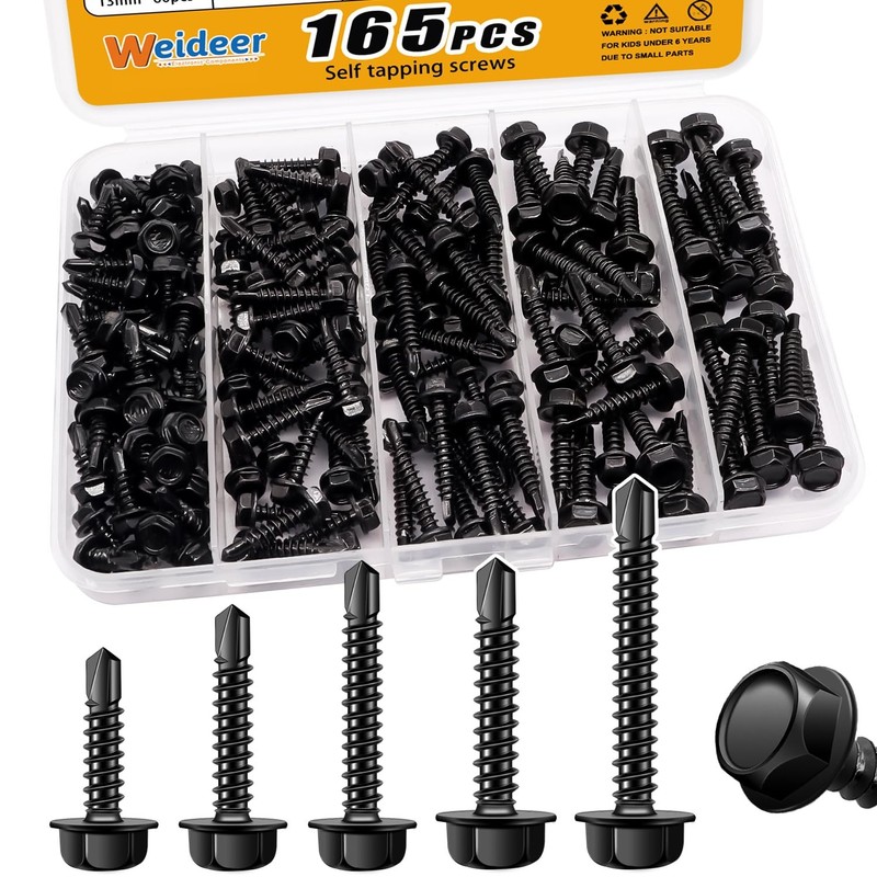 165pcs #8 #10 Self Tapping Screws Set 410 Stainless Steel Black Hex Washer Head gallery