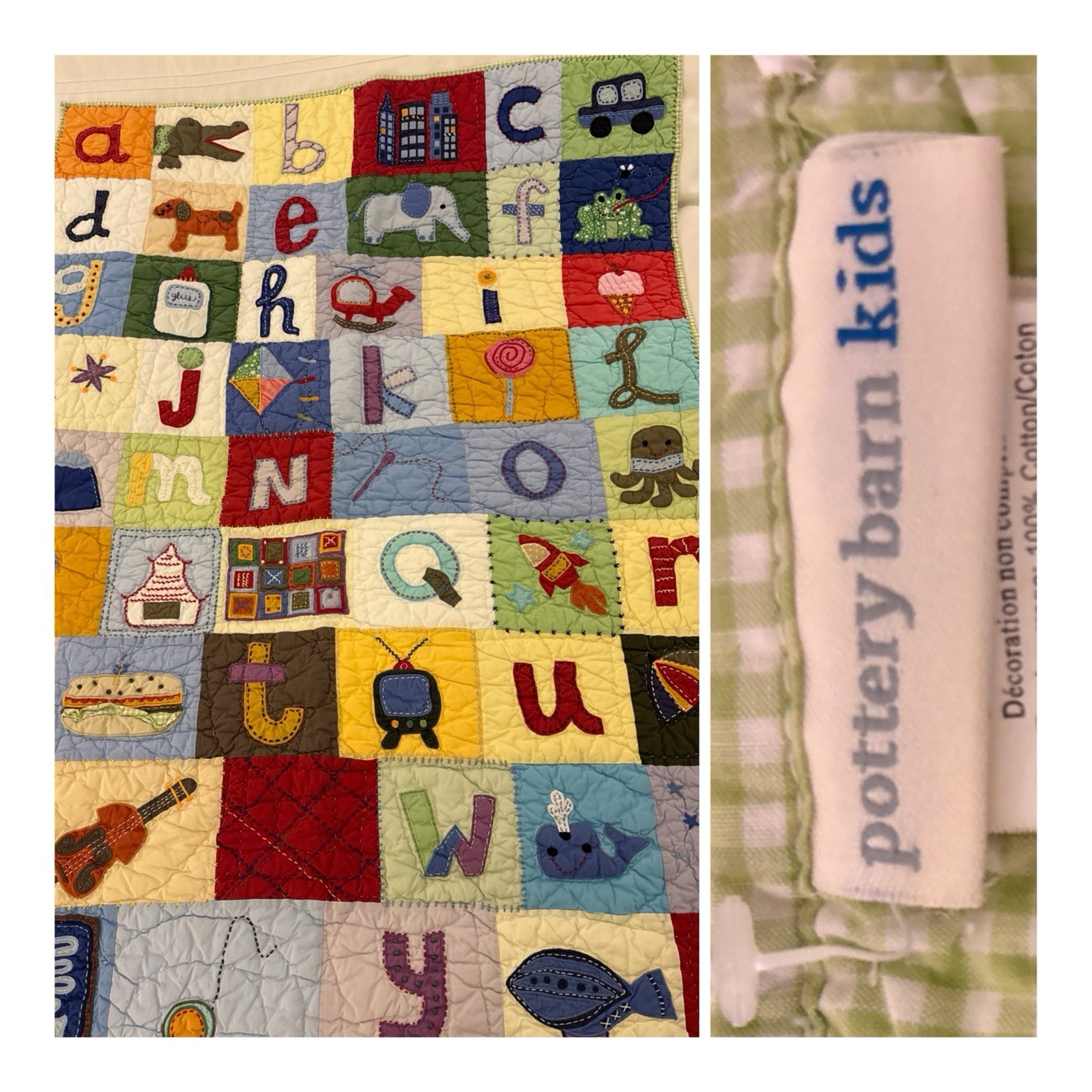 Pottery Barn Kids Patchwork ABC Baby Quilt Reverse Gingham 36"W x 48"L~2006~RARE gallery