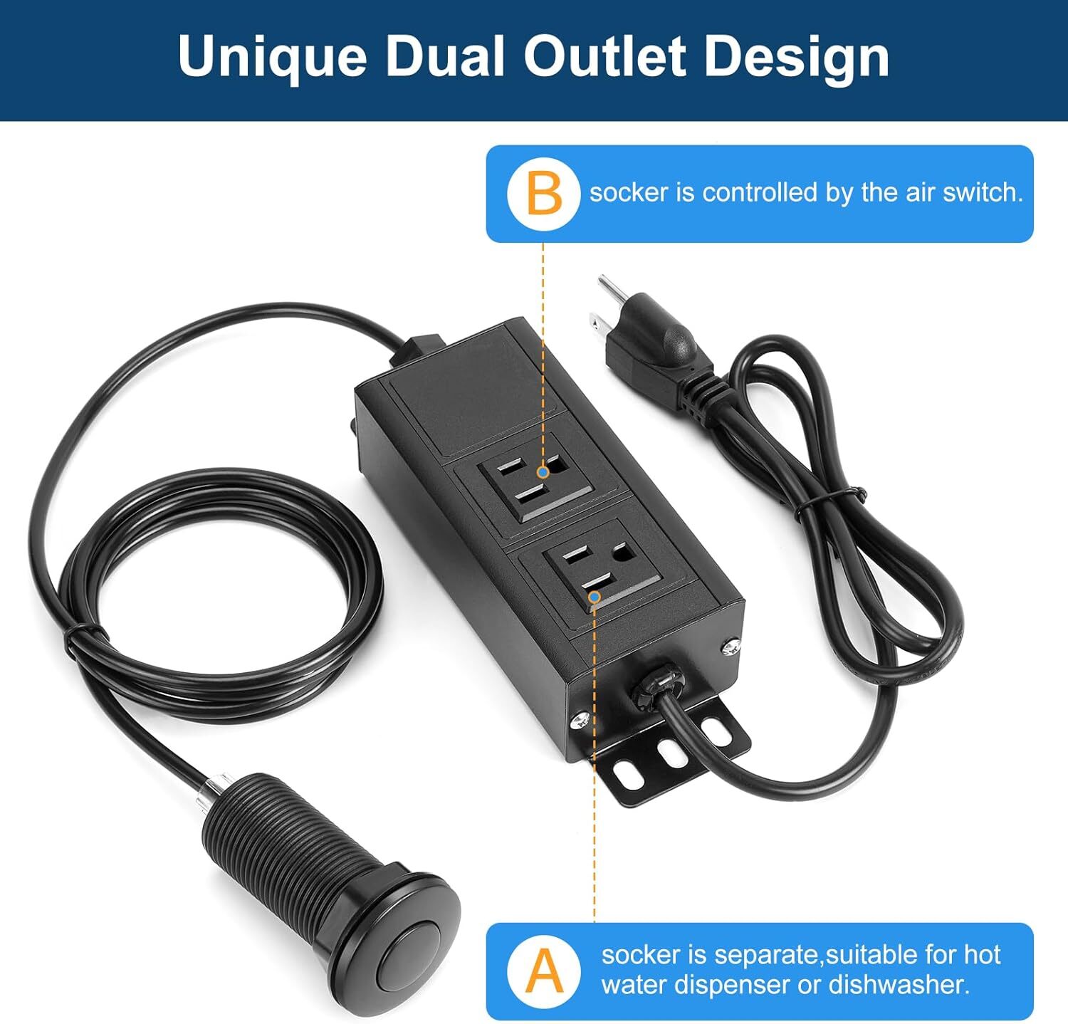 Dual Outlet Garbage Disposal Air Switch UL Listed Sink Top 3.58” Extra Black gallery