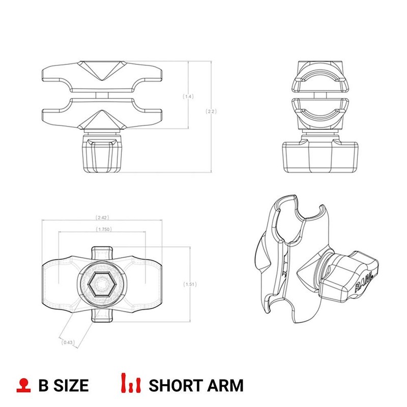 RAM Mounts RAP-B-201U-A Composite Double Socket Arm - Short Arm Compatible with gallery