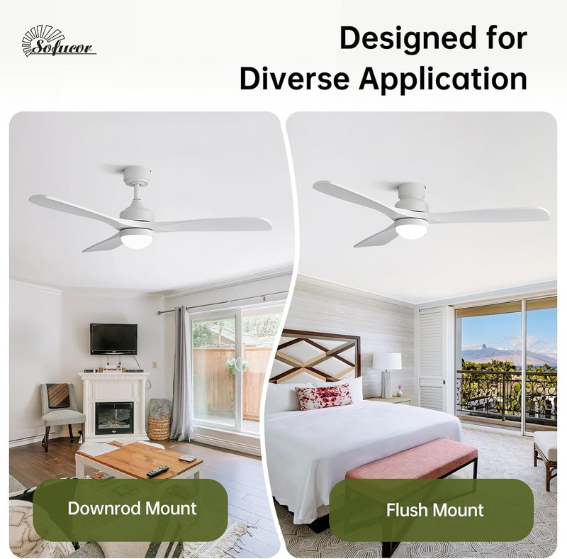 Sofucor 52" Solid Wood Ceiling Fan Lights, Flush Mount & Downrod Mount Ceiling F gallery