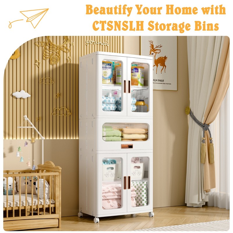 Stackable Plastic Storage Cabinet Foldable Storage Bins with Doors and Wheels gallery