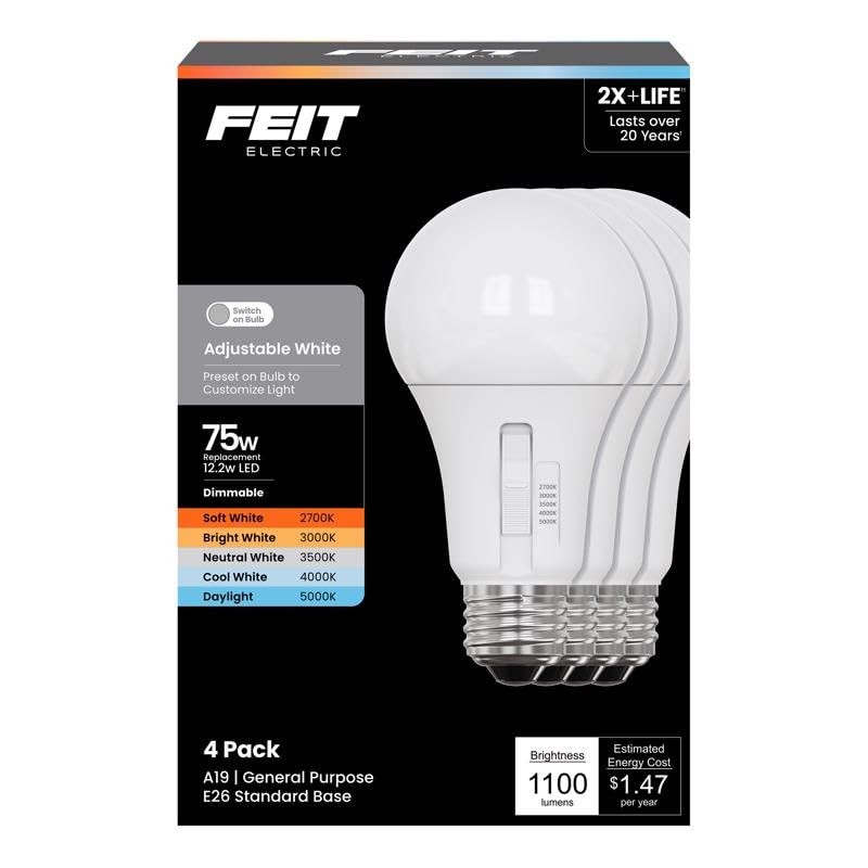 Feit A19 E26 (Medium) LED Bulb Adjustable White 75 Watt Equivalence 4 pk gallery