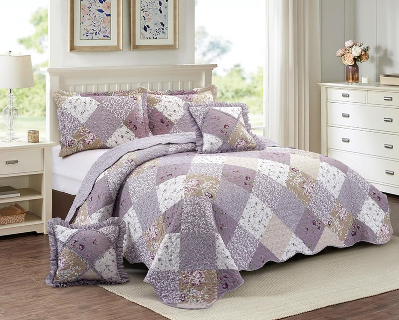 Lilac and Beige Rose Patchwork Ruffle Pillowshams, Quilted Decorative Pillow Cov gallery