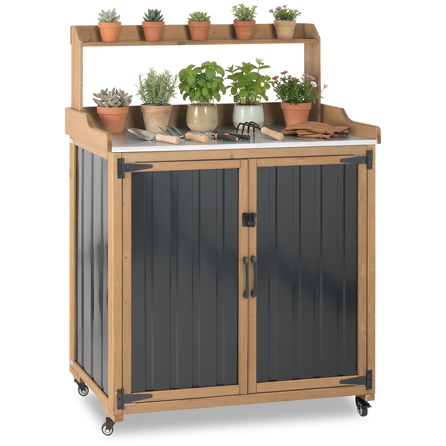 PETSCOSSET Potting Bench Table & Outdoor Storage Cabinet with Lockable Wheels gallery