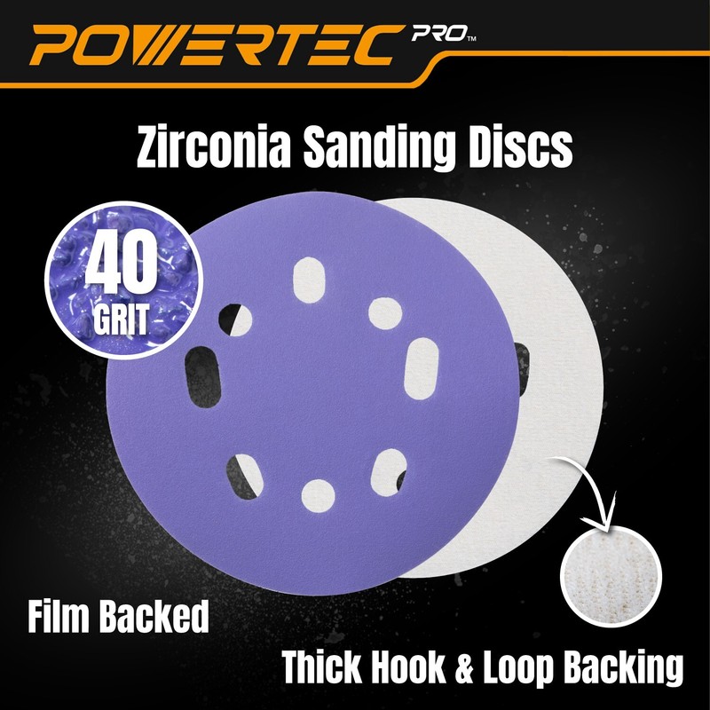 POWERTEC 5-Inch Hook and Loop Sanding Disc for Random Orbital Sander, 40 Grit gallery