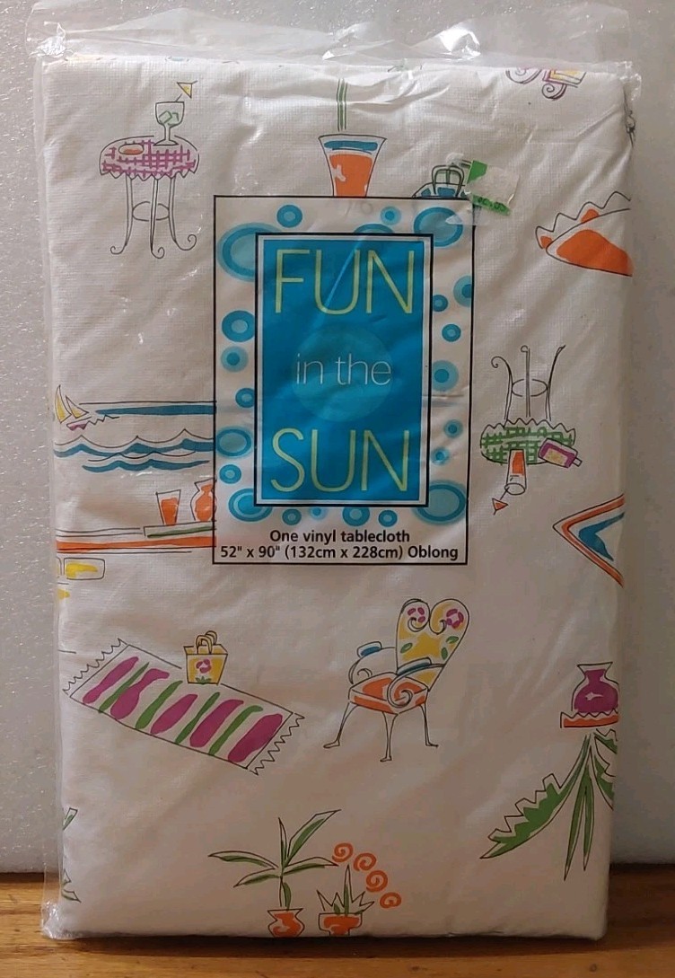 Fun in the Sun Vinyl Tablecloth 52x90 Rectangle Vintage Plants Towels Tables gallery