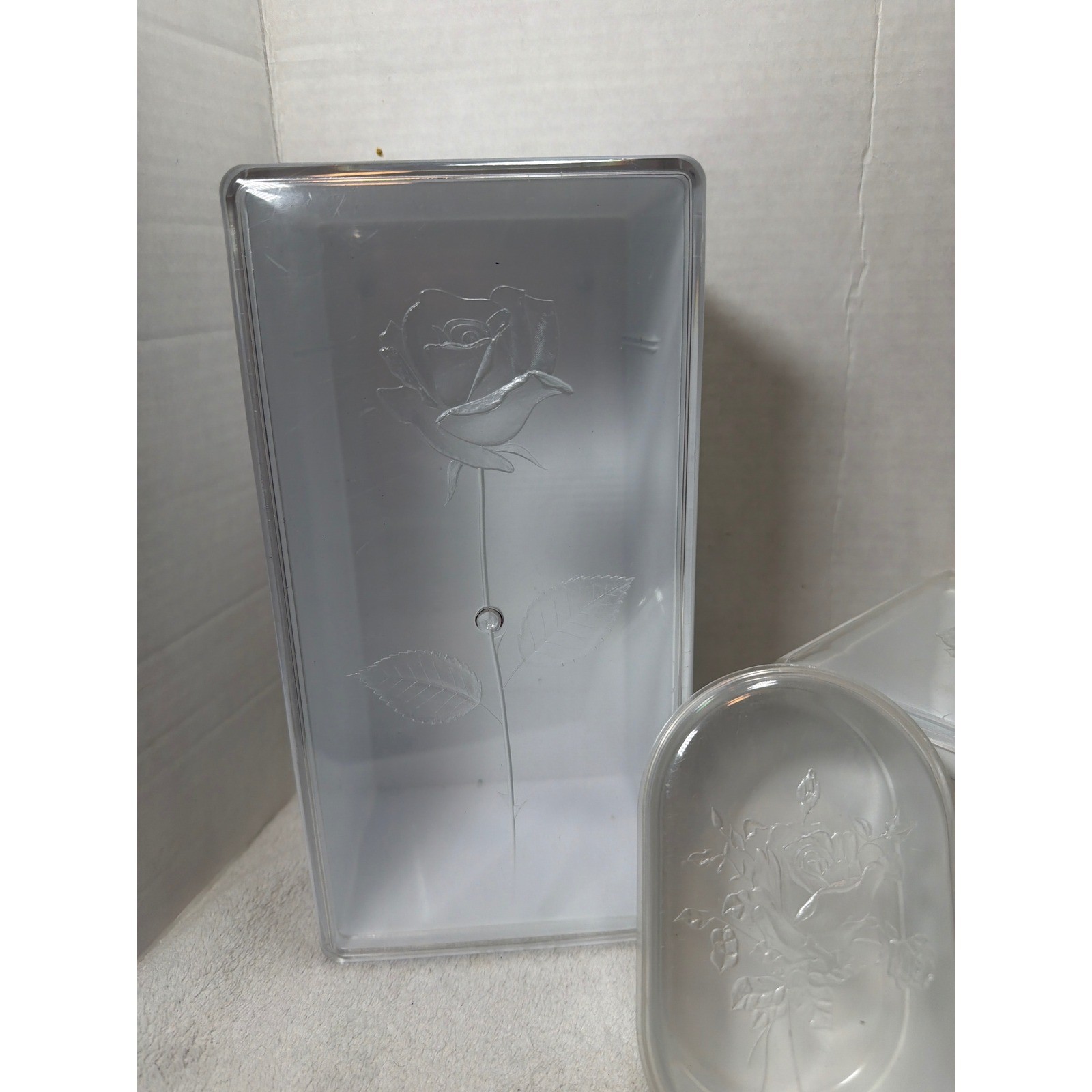 Vintage 60s Wil-hold Storage Box Set White Clear Embossed Rose 3 Piece gallery