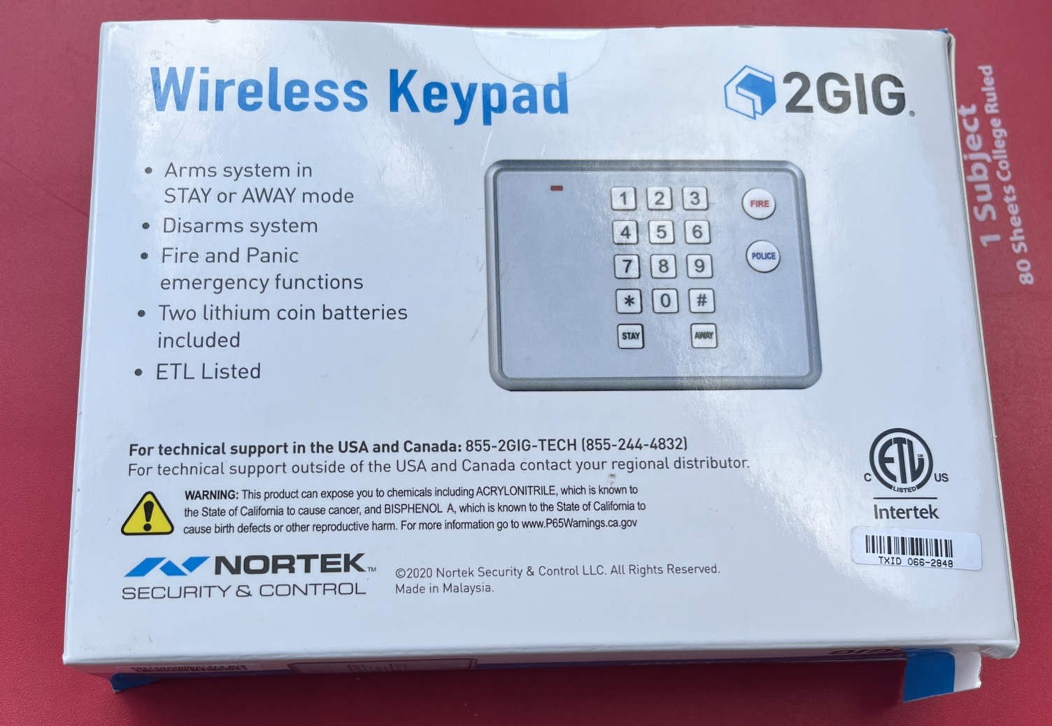Nortek 2GIG Wireless Keypad Model 2GIG-PAD1-345 New In Box gallery