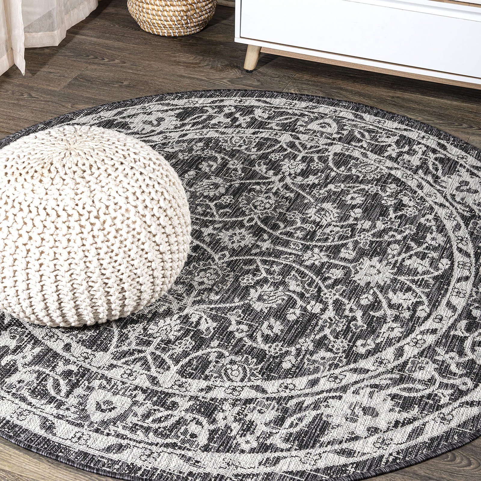 Vine & Border Indoor Outdoor Round Area Rug 5 Ft Black/Gray, Palazzo Textured... gallery