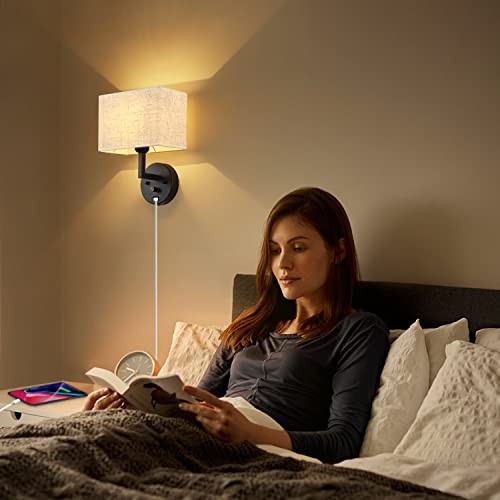 Plug in Wall Sconce with Dimmer Switch and USB Port，9.5“Rectangular Linen Black gallery