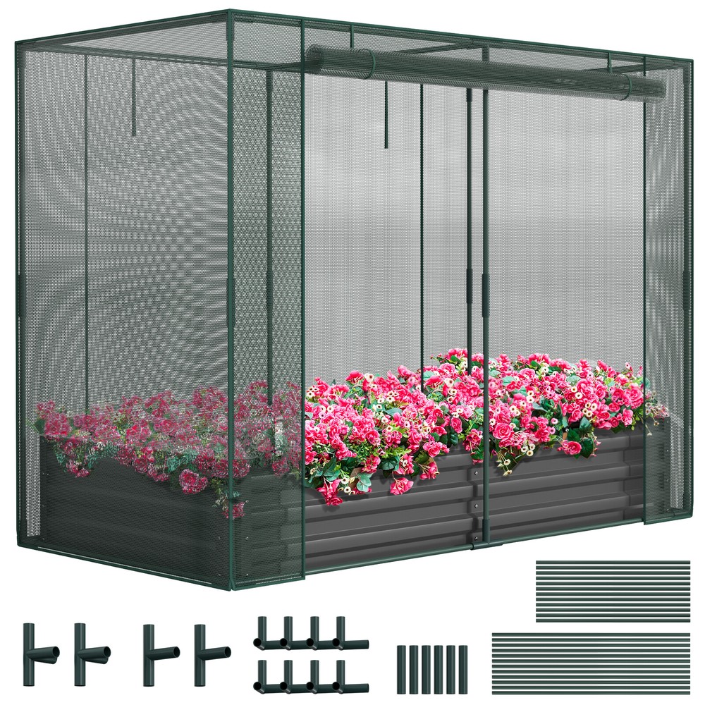 NAIZEA Galvanized Raised Garden Bed Planter Box with Plant Protection Net Tent