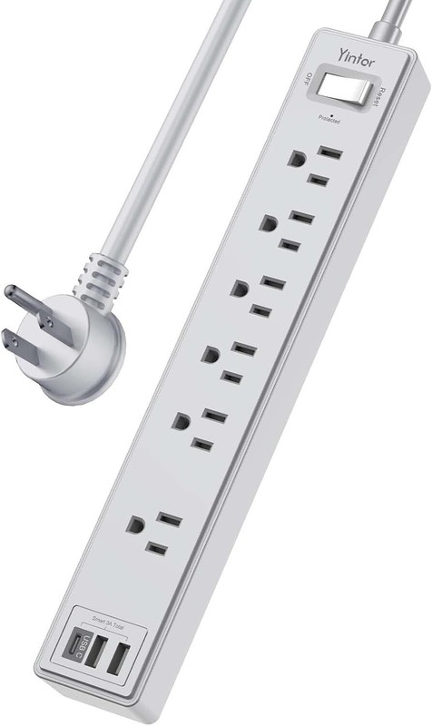 1680J Surge Protector with 6 AC Outlets & 3 USB Ports - 6ft Grey Extension Cord gallery