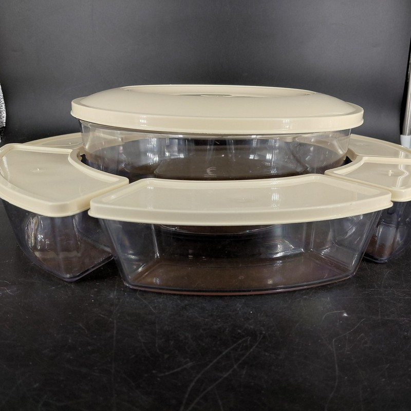 Vint Thermo Serv Storage Container Set Separated Round Snack 16 Cp Beige Lid USA gallery