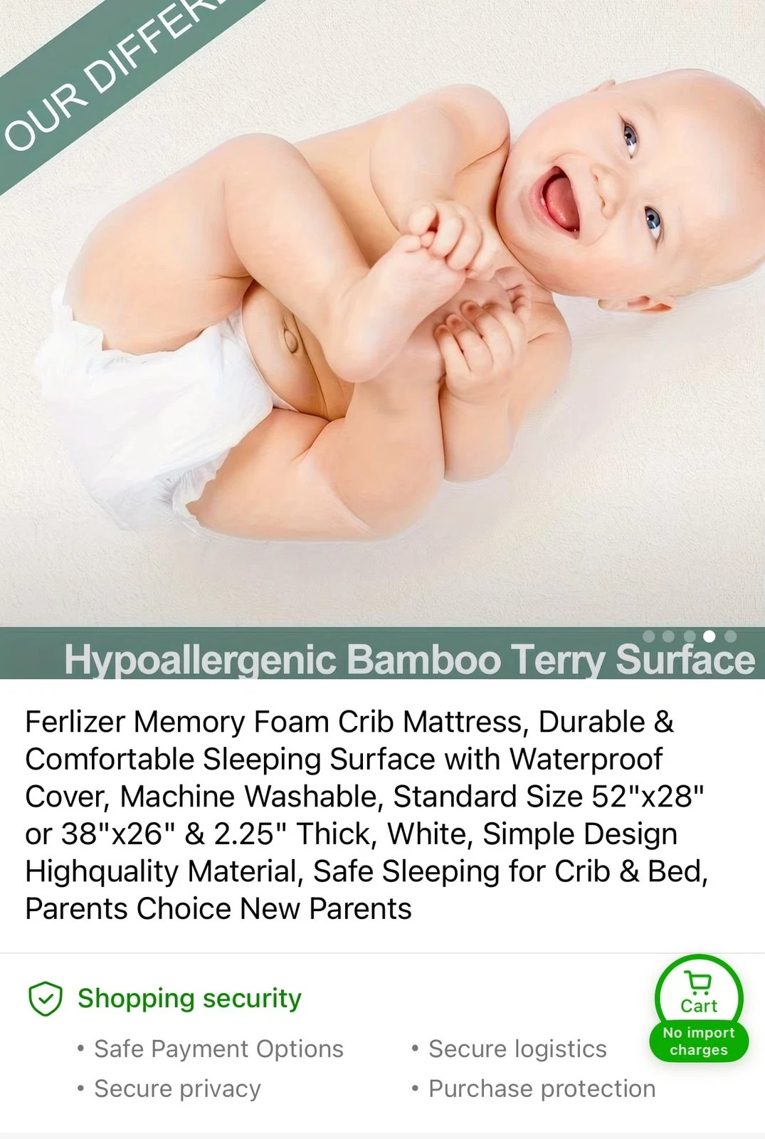 Ferlizer Crib Memory Foam Mattress Topper 52”x 28” 2.25” Single Layer NEW gallery
