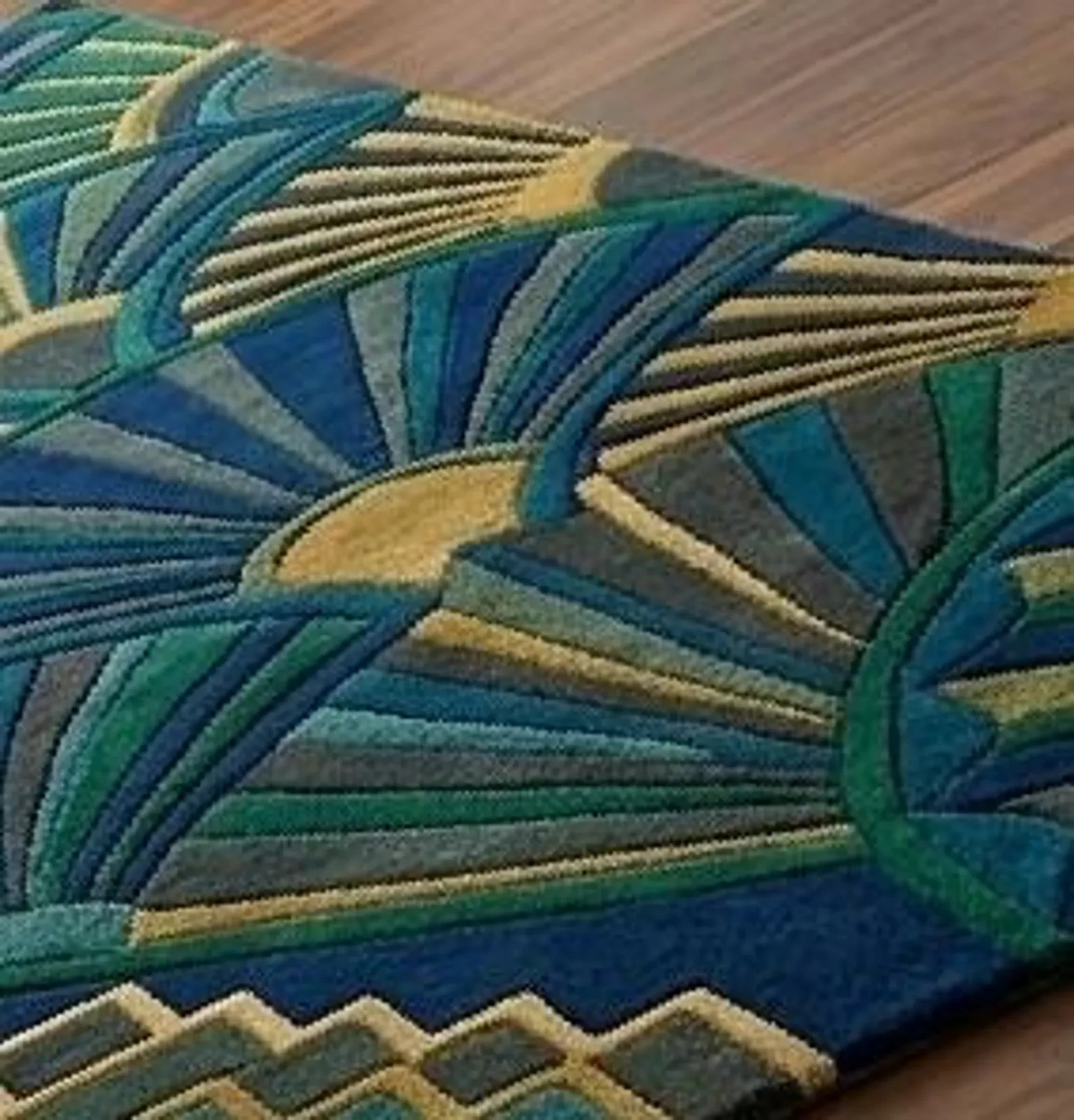Art Deco Fan Pattern Hand Tufted Wool Area Rug – Blue Green Geometric Luxury Rug gallery
