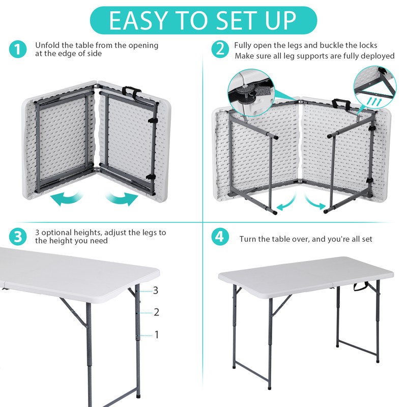 Folding Table 4' Portable Table Foldable Legs & Adjustable Height Utility Table gallery