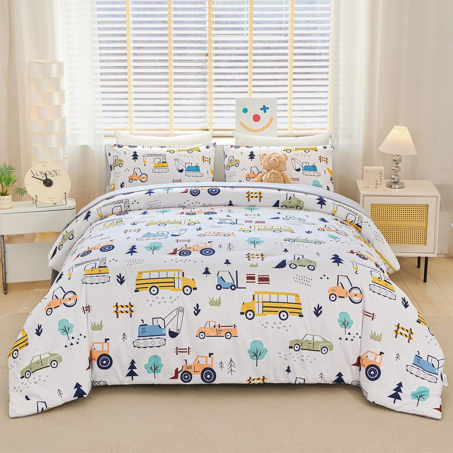 Cartoon Bed Comforter Set Queen 5Pcs White Car Bed in a Bag for Boys Kids Teens gallery
